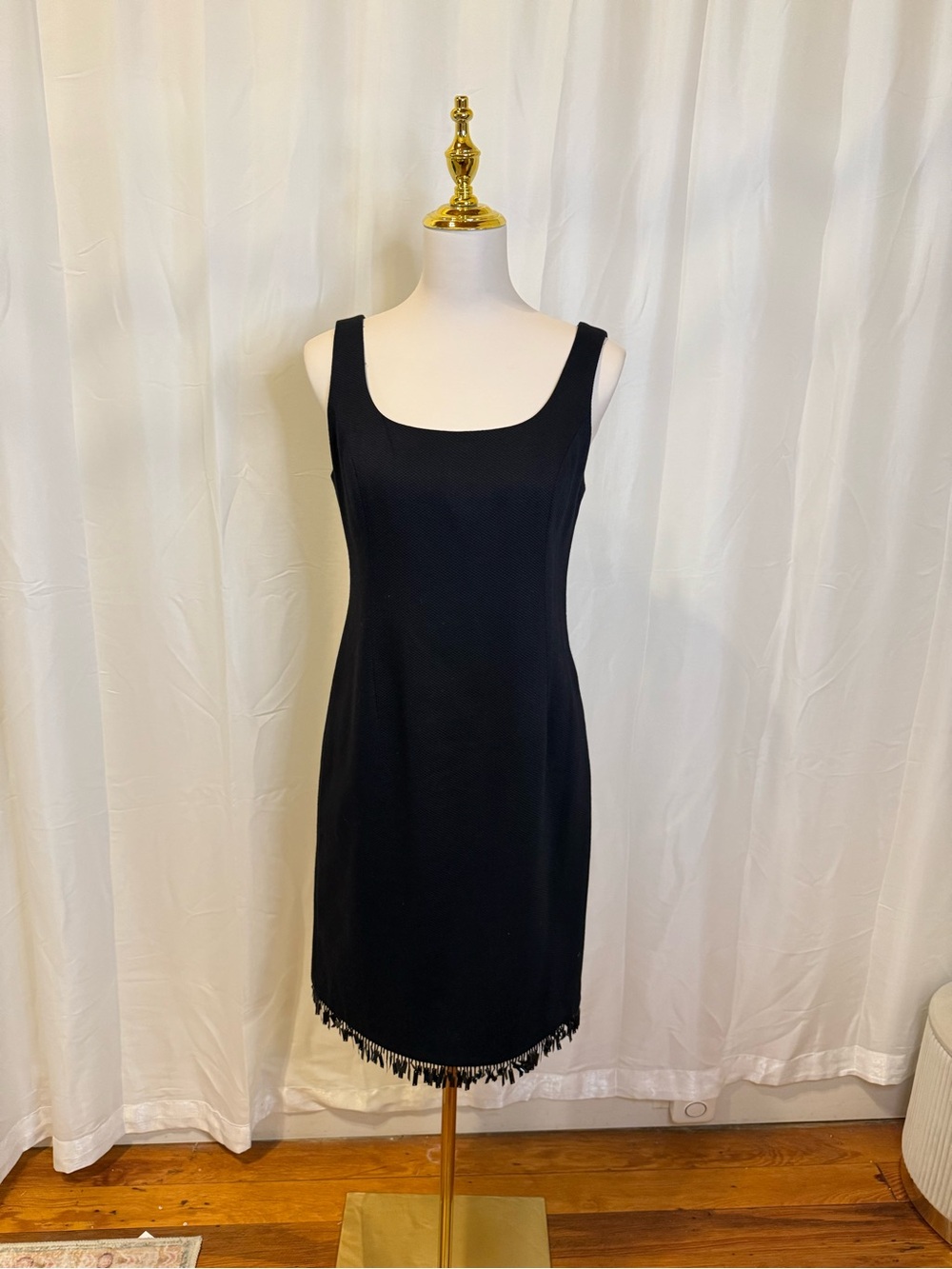 Teri Jon Black Sleeveless Sheath Dress with Fringe Trim